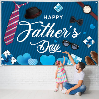 Large Fathers Day Banner Decorations 72" x 48" Happy Father's Day Backdrop Beige Hearts GiftsShoes Coffee Party Supplies Gifts Photography Background for Indoor Outdoor Garden,Yard,Home Decor (Blue B)