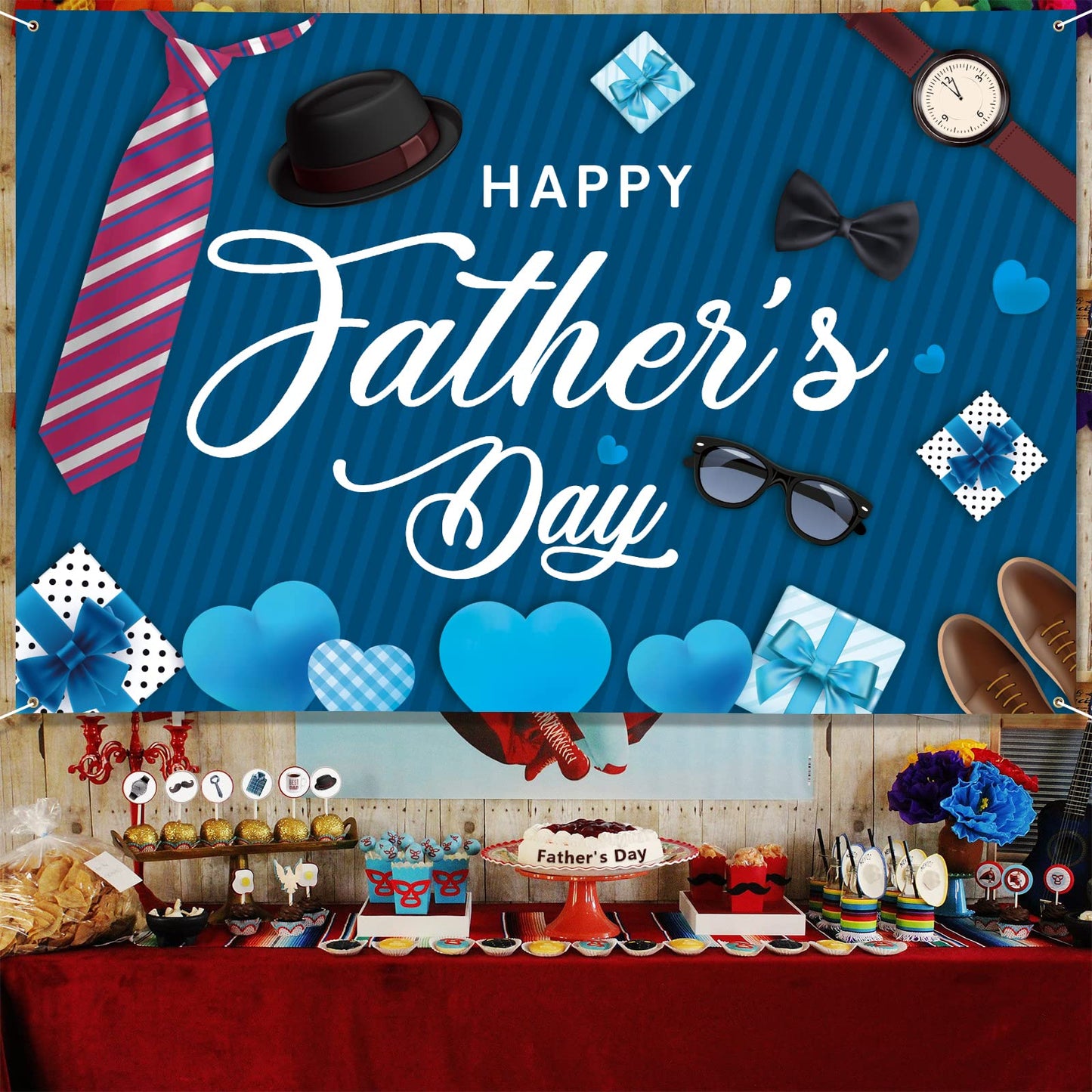 Large Fathers Day Banner Decorations 72" x 48" Happy Father's Day Backdrop Beige Hearts GiftsShoes Coffee Party Supplies Gifts Photography Background for Indoor Outdoor Garden,Yard,Home Decor (Blue B)