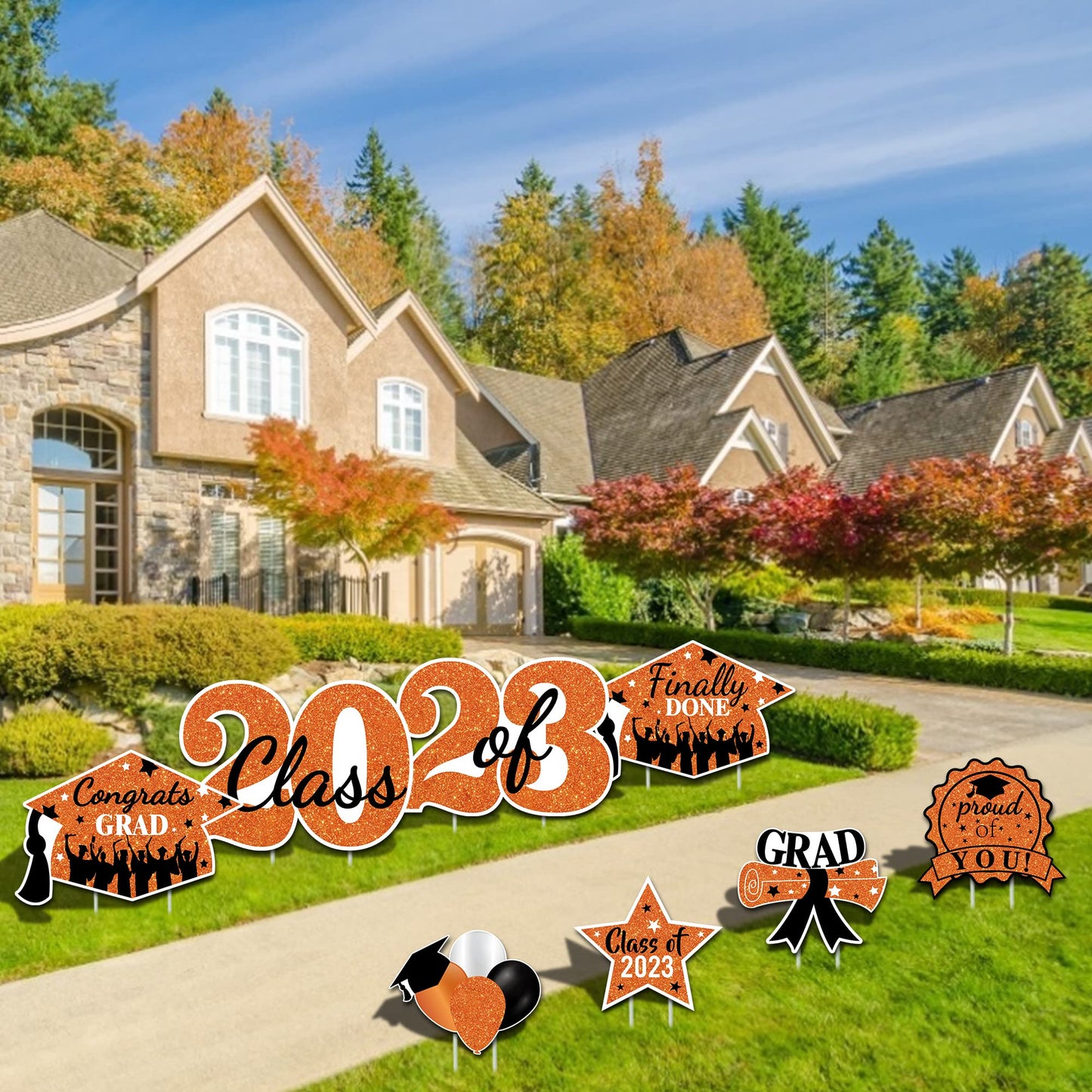 2023 Graduation Yard Sign Stakes Decorations - Congrats Grad Class of 2023 Outdoor Lawn Decor - High School College Grad Graduation Party Decoration Supplies (Orange)