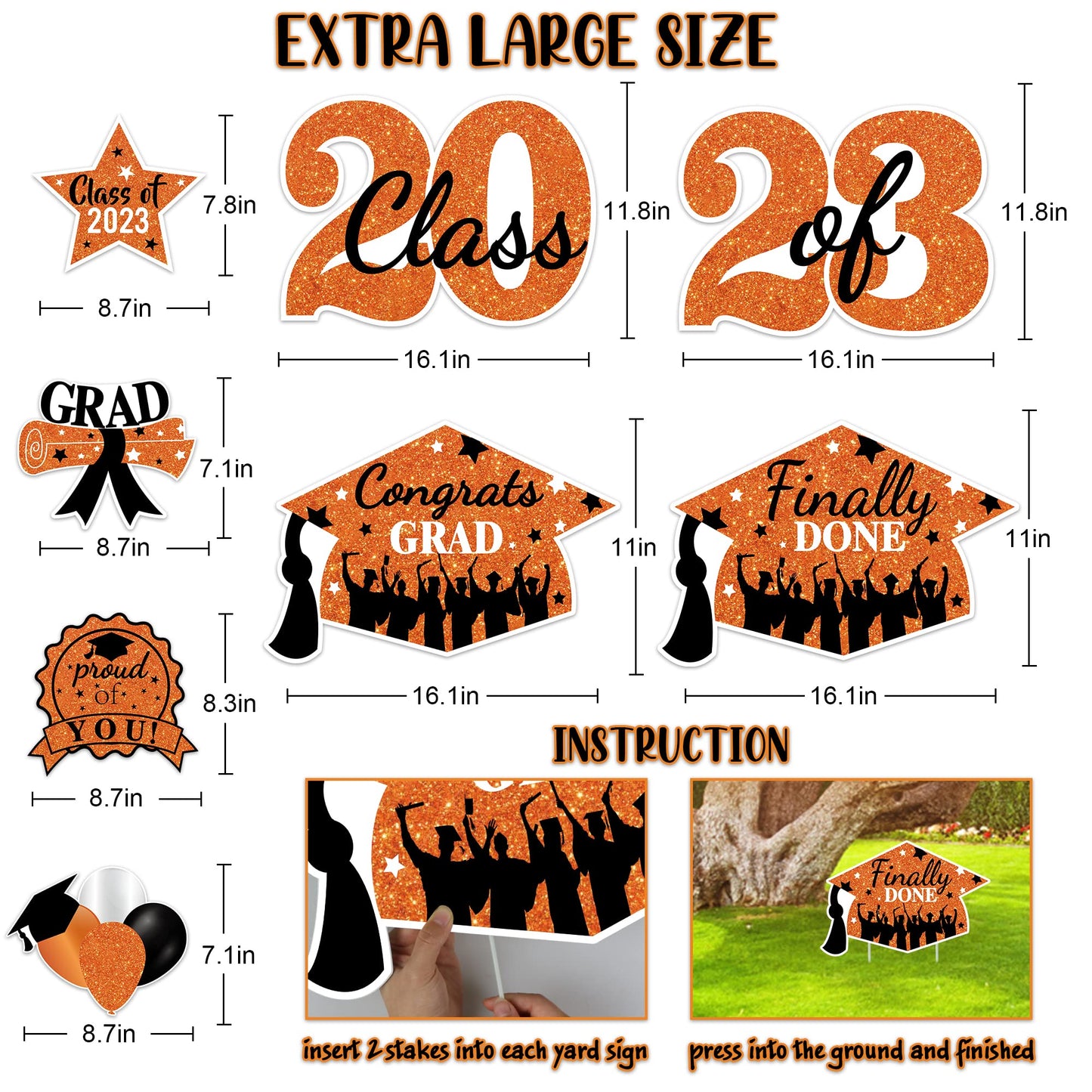 2023 Graduation Yard Sign Stakes Decorations - Congrats Grad Class of 2023 Outdoor Lawn Decor - High School College Grad Graduation Party Decoration Supplies (Orange)