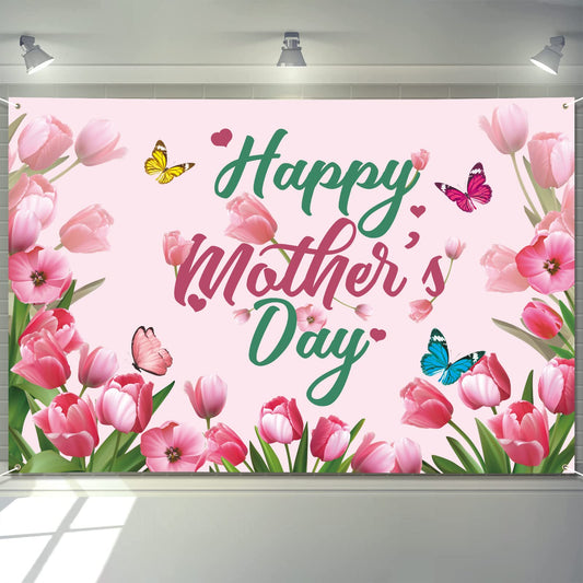 Mothers Day Decorations Banner 72" x 48" Backdrop Happy Mother's Day Flowers Tulip Pink Photography Background Seasonal Holiday Backdrop for Indoor Outdoor Garden,Yard,Party Home Decorations (Pink)