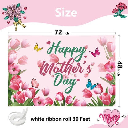 Mothers Day Decorations Banner 72" x 48" Backdrop Happy Mother's Day Flowers Tulip Pink Photography Background Seasonal Holiday Backdrop for Indoor Outdoor Garden,Yard,Party Home Decorations (Pink)