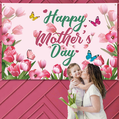 Mothers Day Decorations Banner 72" x 48" Backdrop Happy Mother's Day Flowers Tulip Pink Photography Background Seasonal Holiday Backdrop for Indoor Outdoor Garden,Yard,Party Home Decorations (Pink)