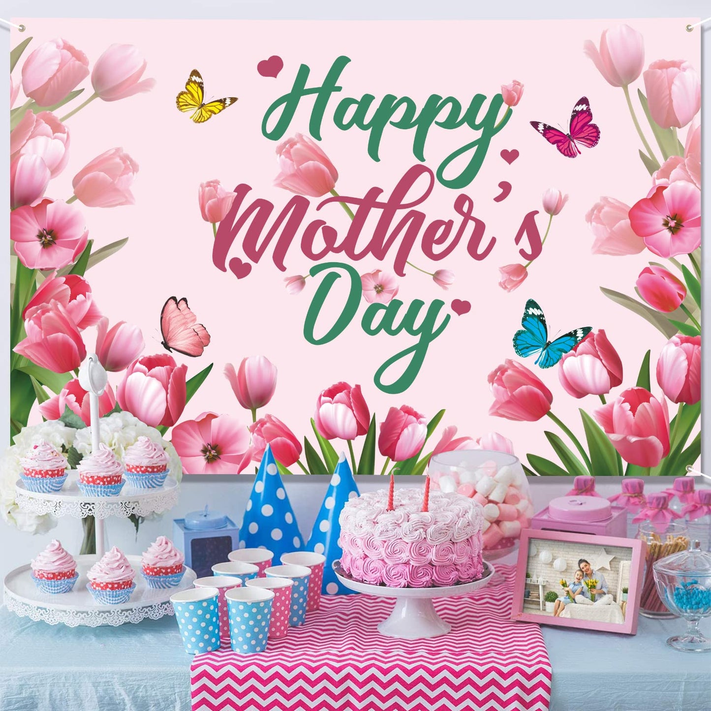 Mothers Day Decorations Banner 72" x 48" Backdrop Happy Mother's Day Flowers Tulip Pink Photography Background Seasonal Holiday Backdrop for Indoor Outdoor Garden,Yard,Party Home Decorations (Pink)