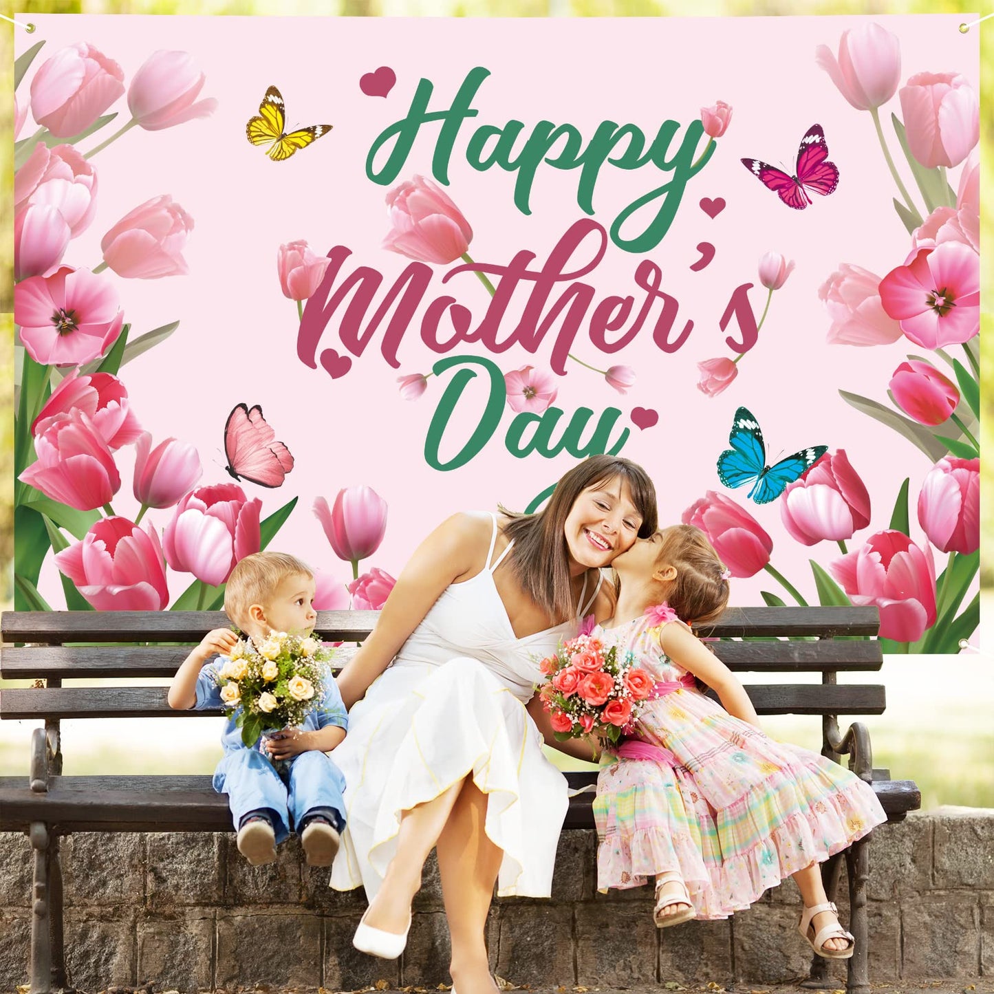 Mothers Day Decorations Banner 72" x 48" Backdrop Happy Mother's Day Flowers Tulip Pink Photography Background Seasonal Holiday Backdrop for Indoor Outdoor Garden,Yard,Party Home Decorations (Pink)