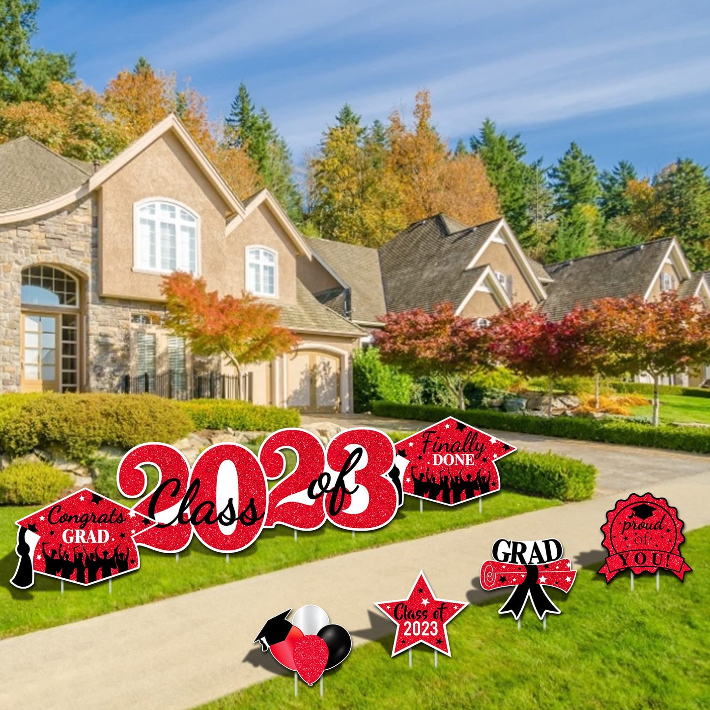 2023 Graduation Yard Sign Stakes Decorations - Congrats Grad Class of 2023 Outdoor Lawn Decor - High School College Grad Graduation Party Decoration Supplies (Red)