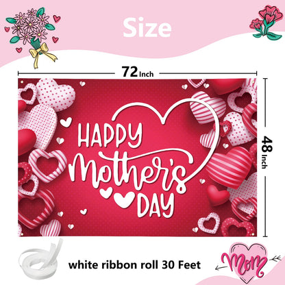 Mothers Day Decorations Banner 72" x 48" Backdrop Happy Mother's Day Flowers Tulip Pink Photography Background Seasonal Holiday Backdrop for Indoor Outdoor Garden,Yard,Party Home Decorations (Red)