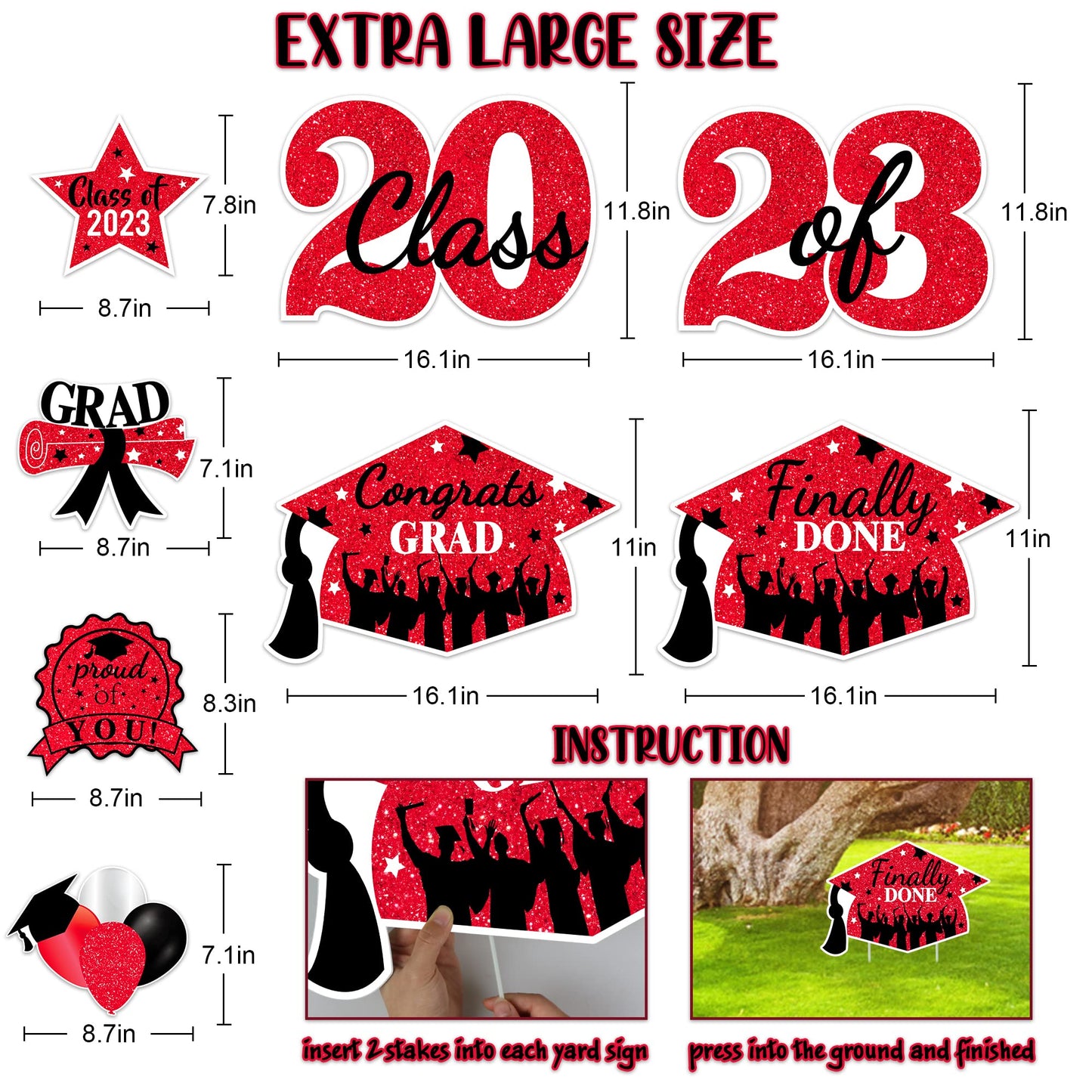 2023 Graduation Yard Sign Stakes Decorations - Congrats Grad Class of 2023 Outdoor Lawn Decor - High School College Grad Graduation Party Decoration Supplies (Red)