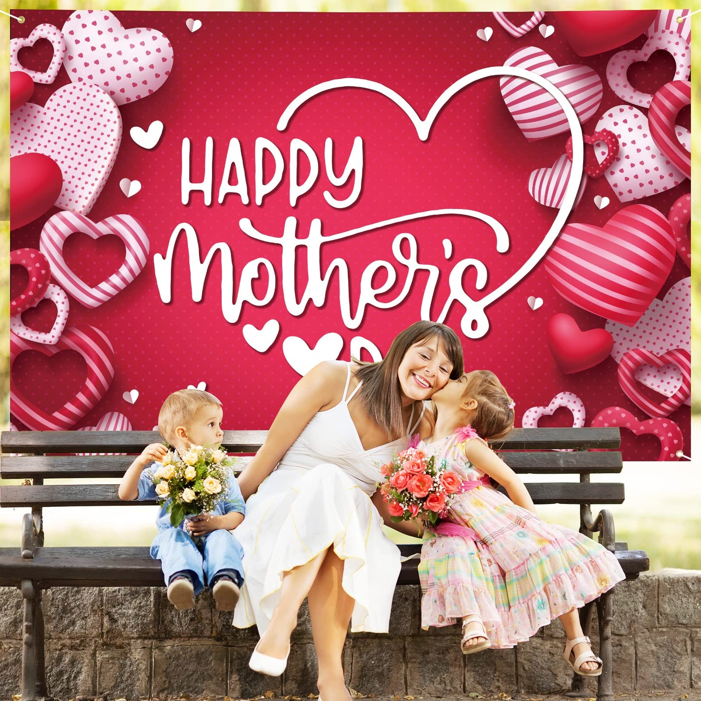 Mothers Day Decorations Banner 72" x 48" Backdrop Happy Mother's Day Flowers Tulip Pink Photography Background Seasonal Holiday Backdrop for Indoor Outdoor Garden,Yard,Party Home Decorations (Red)