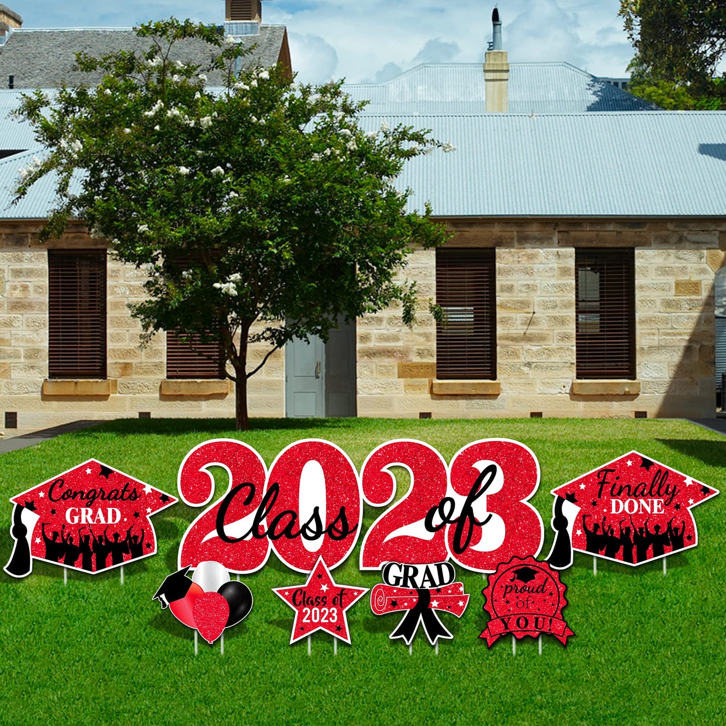 2023 Graduation Yard Sign Stakes Decorations - Congrats Grad Class of 2023 Outdoor Lawn Decor - High School College Grad Graduation Party Decoration Supplies (Red)