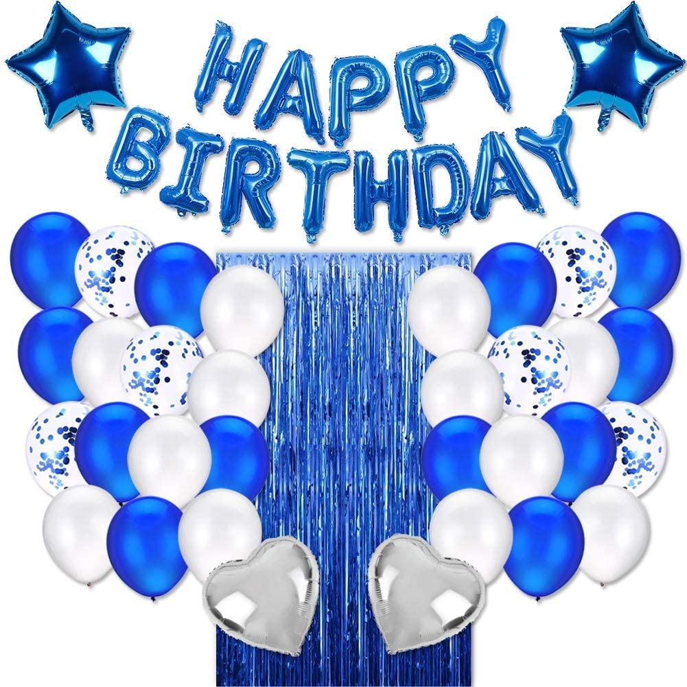 Birthday Party Decorations, Happy Birthday Balloon Banners,Confetti Balloons, Aluminum Foil Tassel Curtains (Blue)