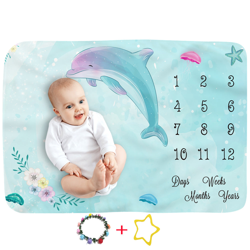 Milestone Blanket for Infant Girls and Boys Newborn Baby Gift Baby Photo Blanket 12 Months Baby Growth Chart (Dolphin)