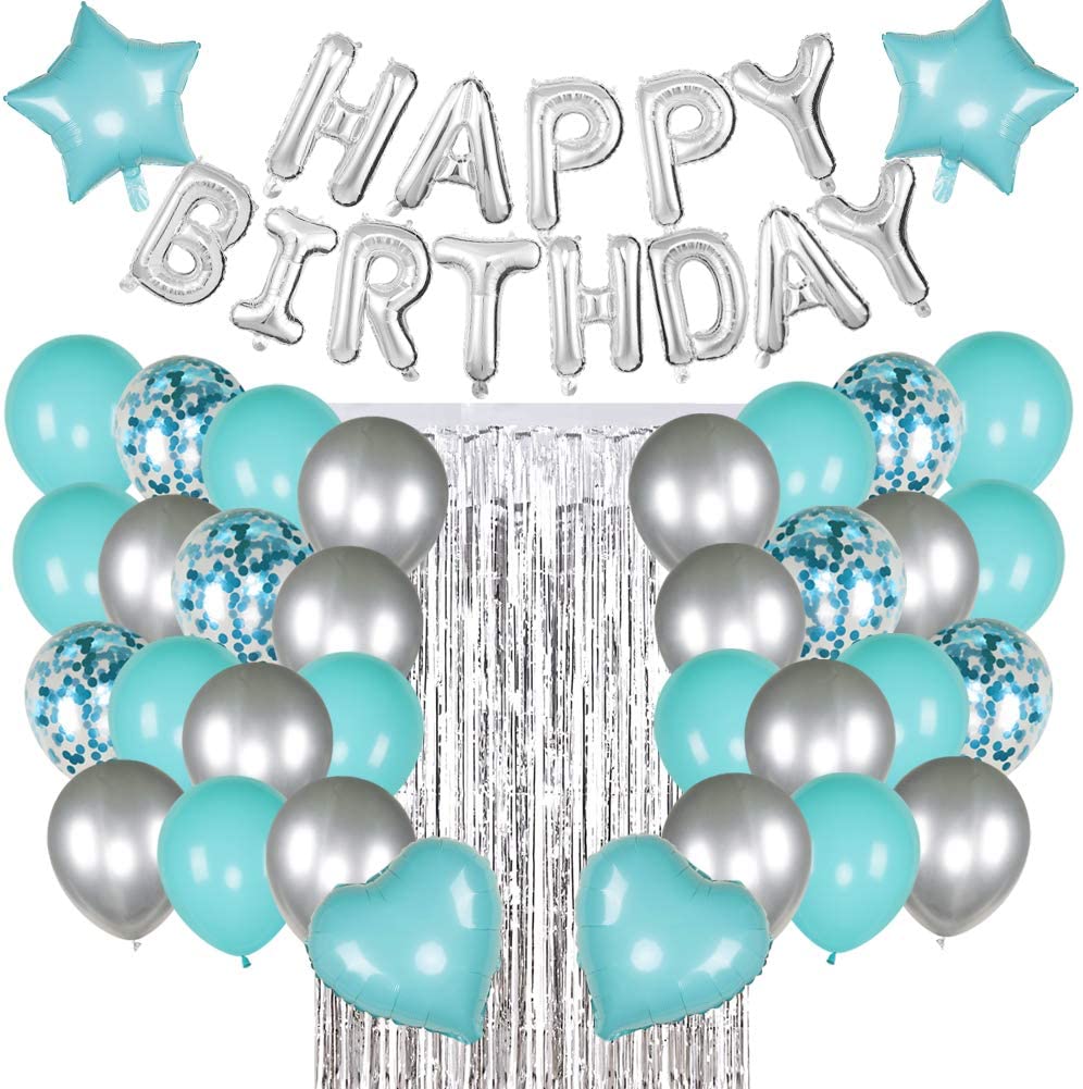 Birthday Party Decorations, Happy Birthday Balloon Banners,Confetti Balloons, Aluminum Foil Tassel Curtains (Turquoise)