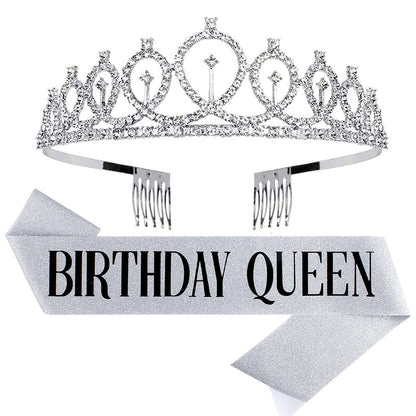 Birthday Queen Sash Rhinestone Headband Set - Gold Glitter Birthday Birthday Gifts for Women Birthday Party Supplies