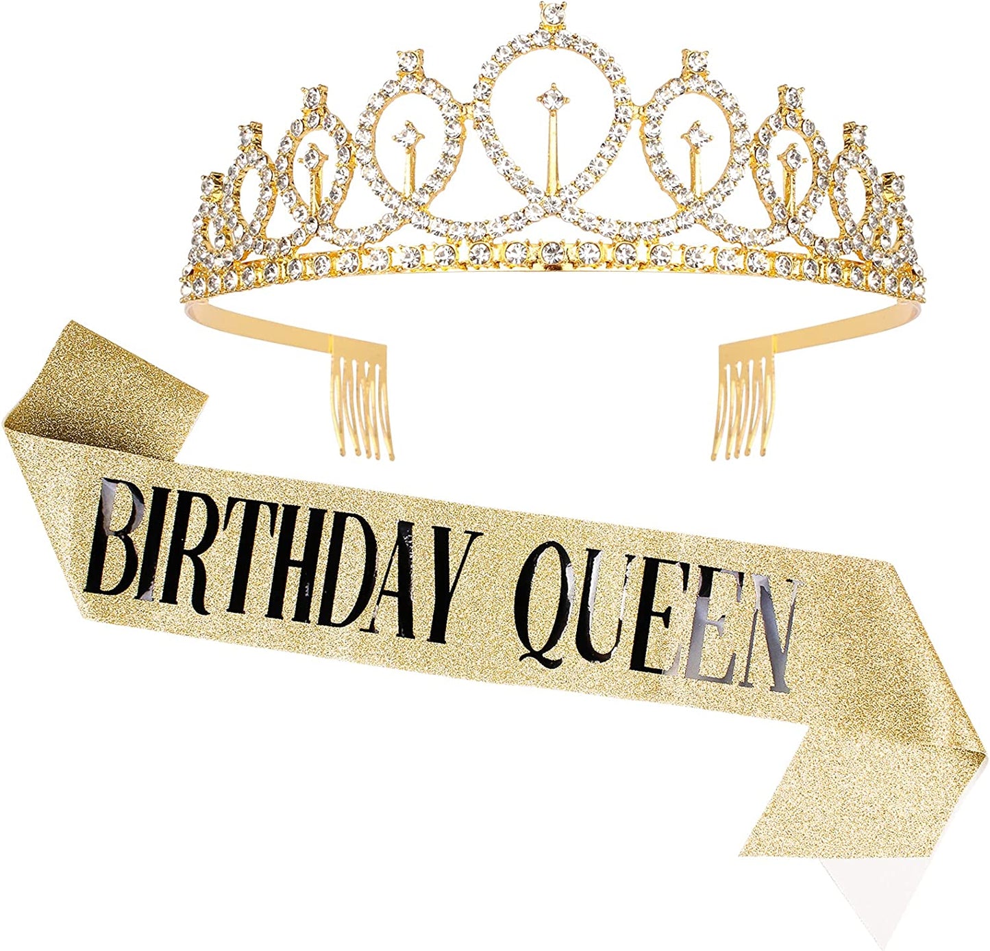 Birthday Queen Sash Rhinestone Headband Set - Gold Glitter Birthday Birthday Gifts for Women Birthday Party Supplies