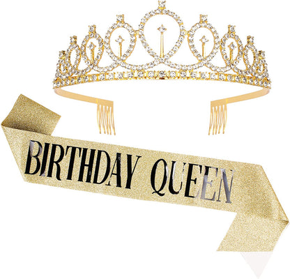 Birthday Queen Sash Rhinestone Headband Set - Gold Glitter Birthday Birthday Gifts for Women Birthday Party Supplies